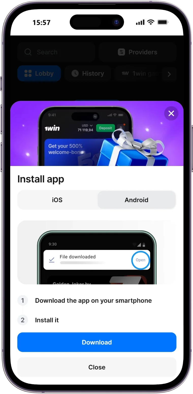 Smartphone security settings menu enabling installation from unknown sources for 1win APK