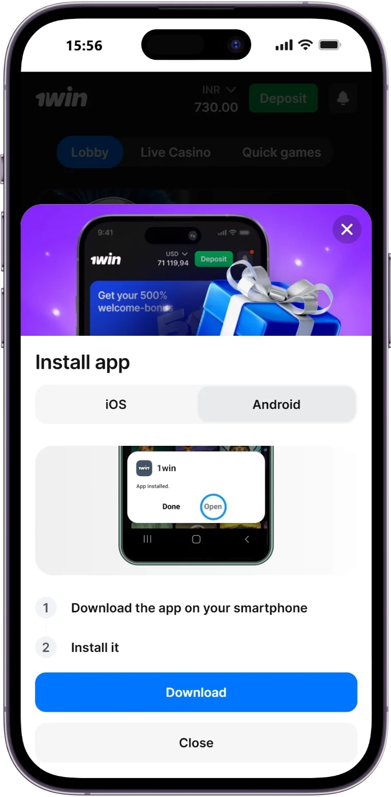 1win official Android app APK file downloading confirmation notification on smartphone screen 2026