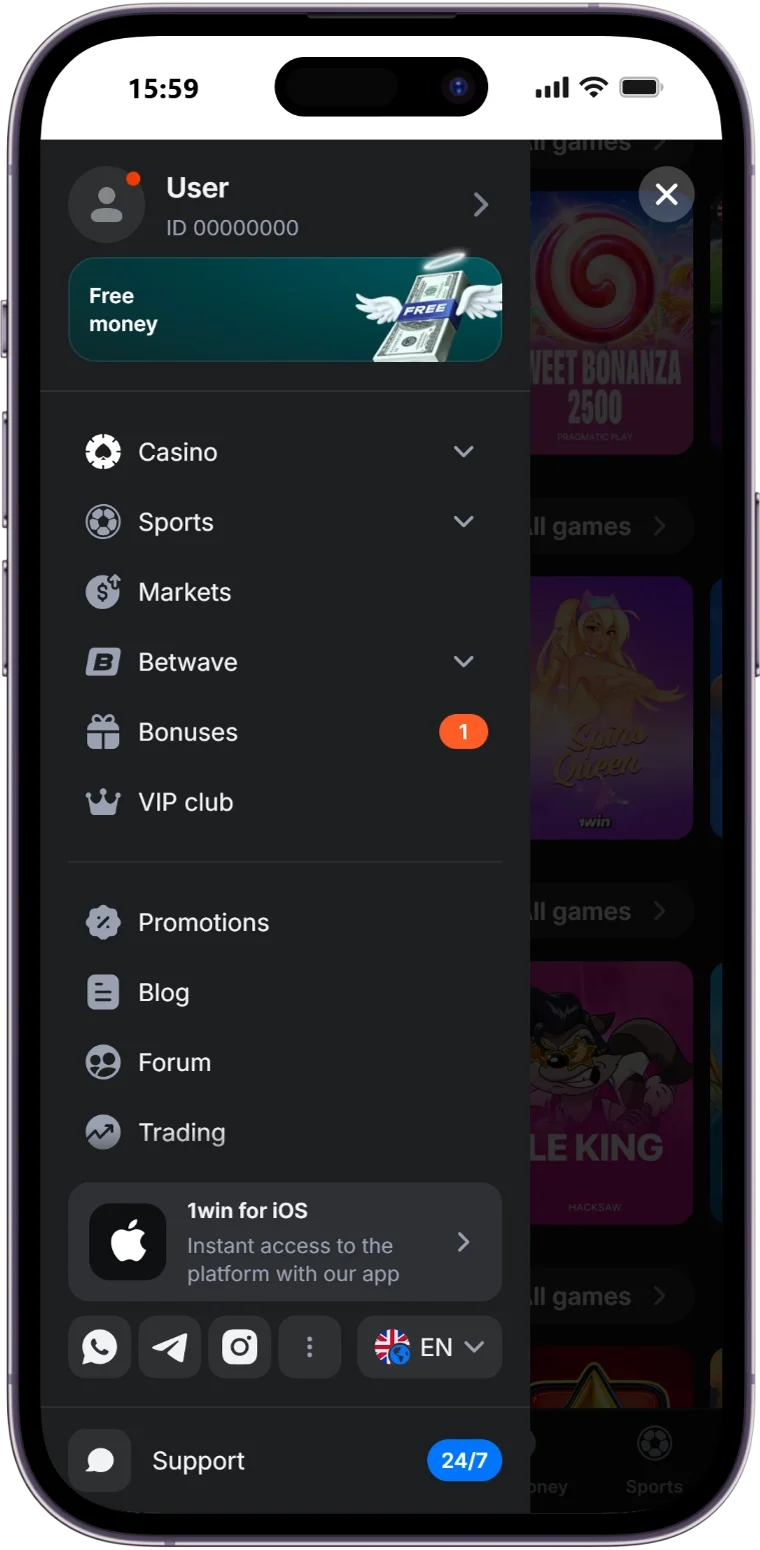 1win official application icon displayed on smartphone home screen after successful installation