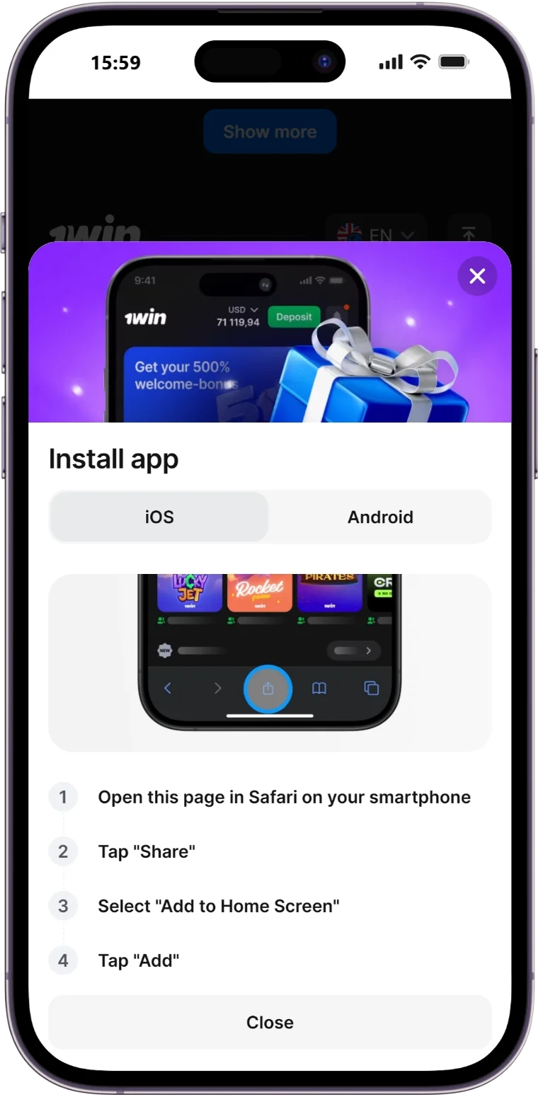 iOS Safari browser share menu option highlighted on 1win mobile website