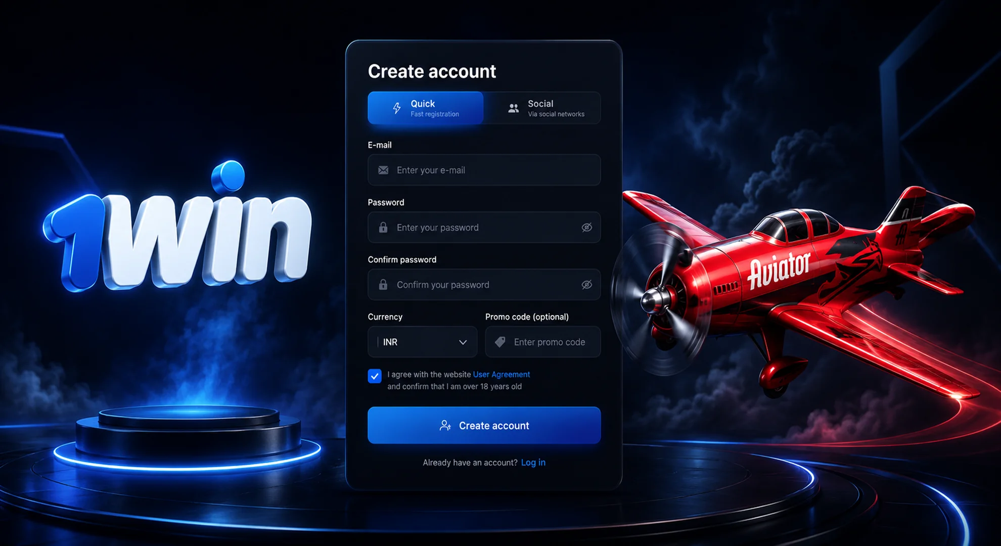 1win official account registration form with INR currency linked to Aviator crash game 2026