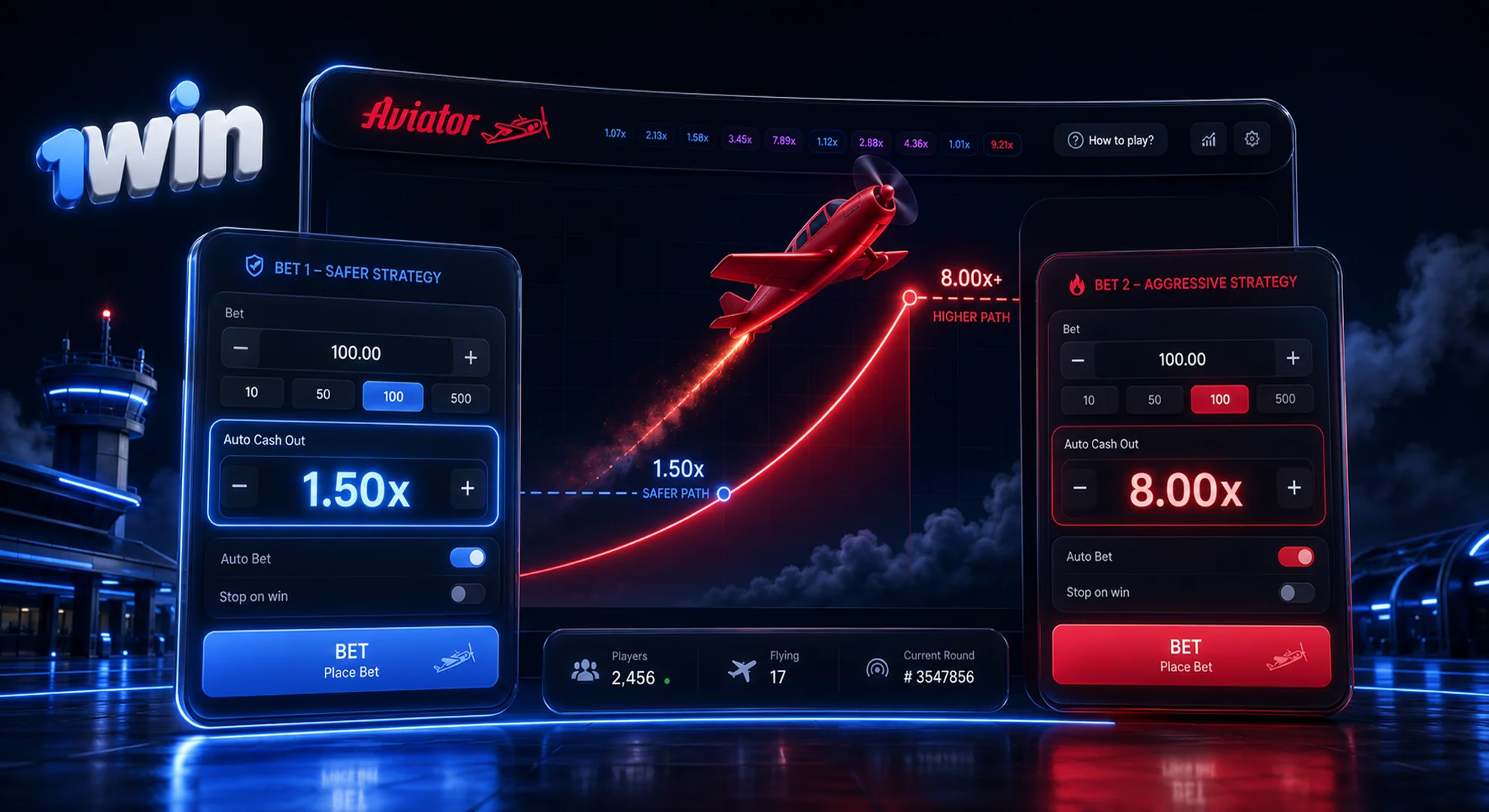 1win official Aviator double bet strategy interface with auto-cashout multiplier and high coefficient flight 2026