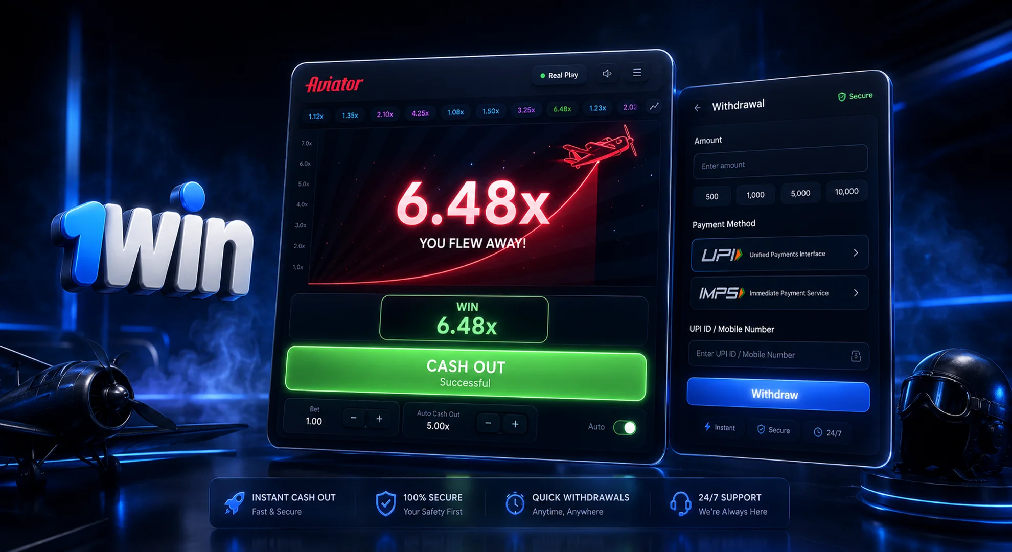 1win official Aviator game cash out and withdrawal interface via UPI and IMPS in India 2026
