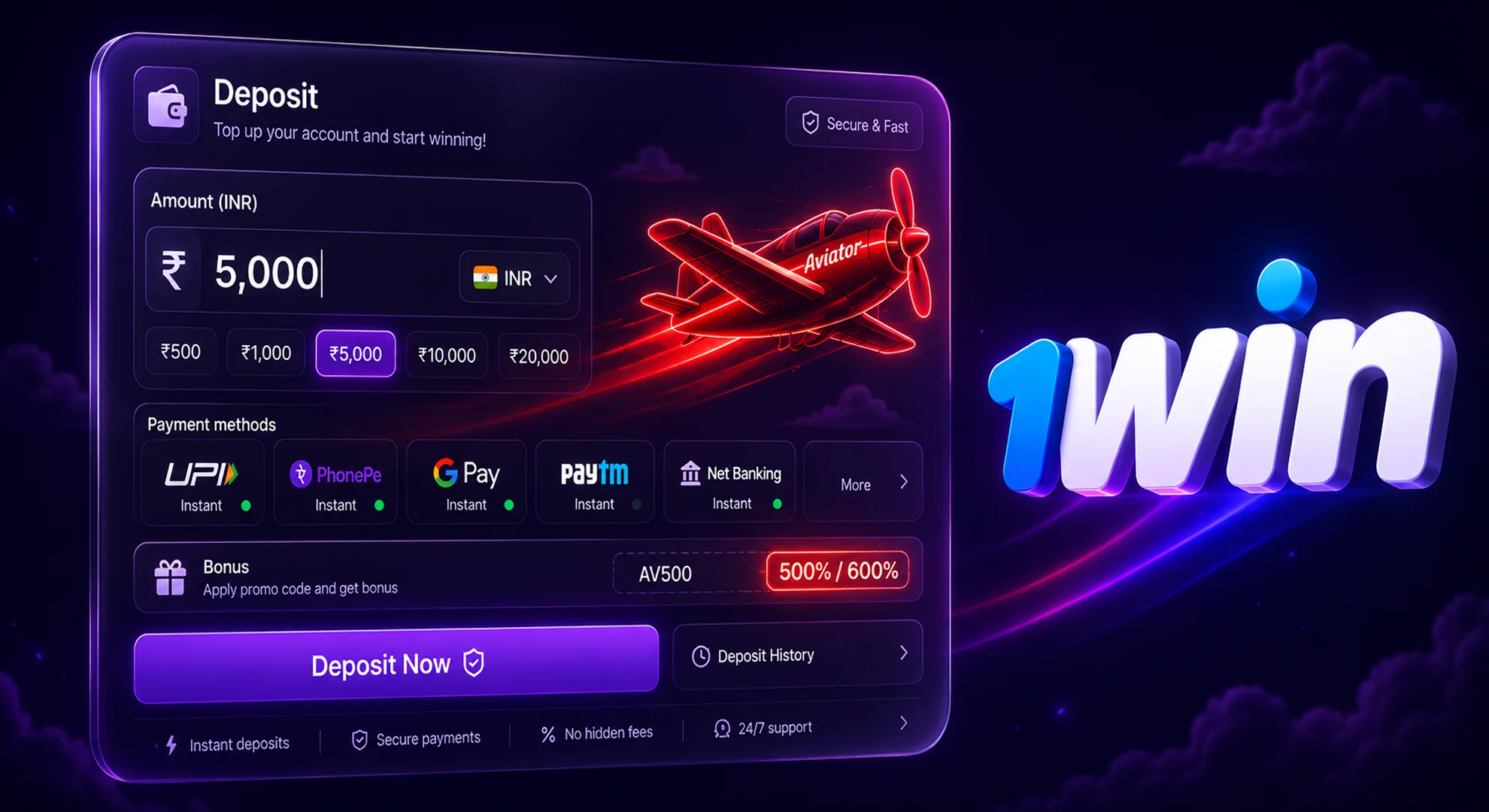 1win India official deposit methods in INR using UPI PhonePe and Paytm apps 2026
