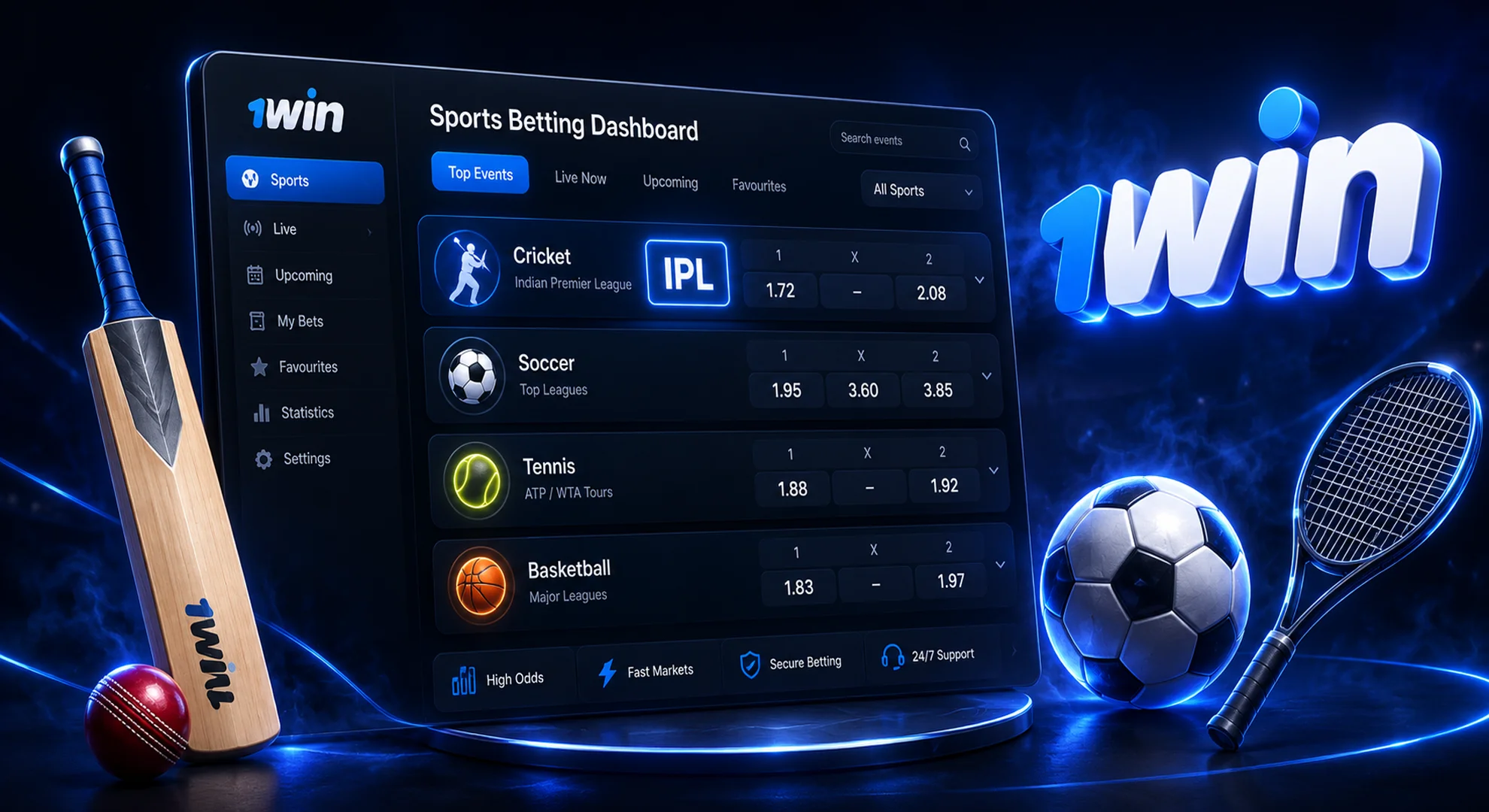 1win India official sports betting interface featuring cricket football basketball and IPL odds 2026