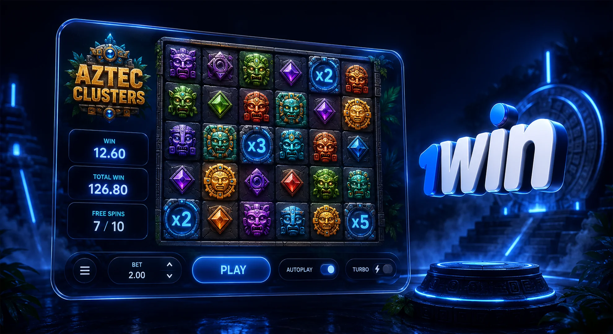 1win official casino Aztec Clusters slot game by BGaming with cluster pays mechanics