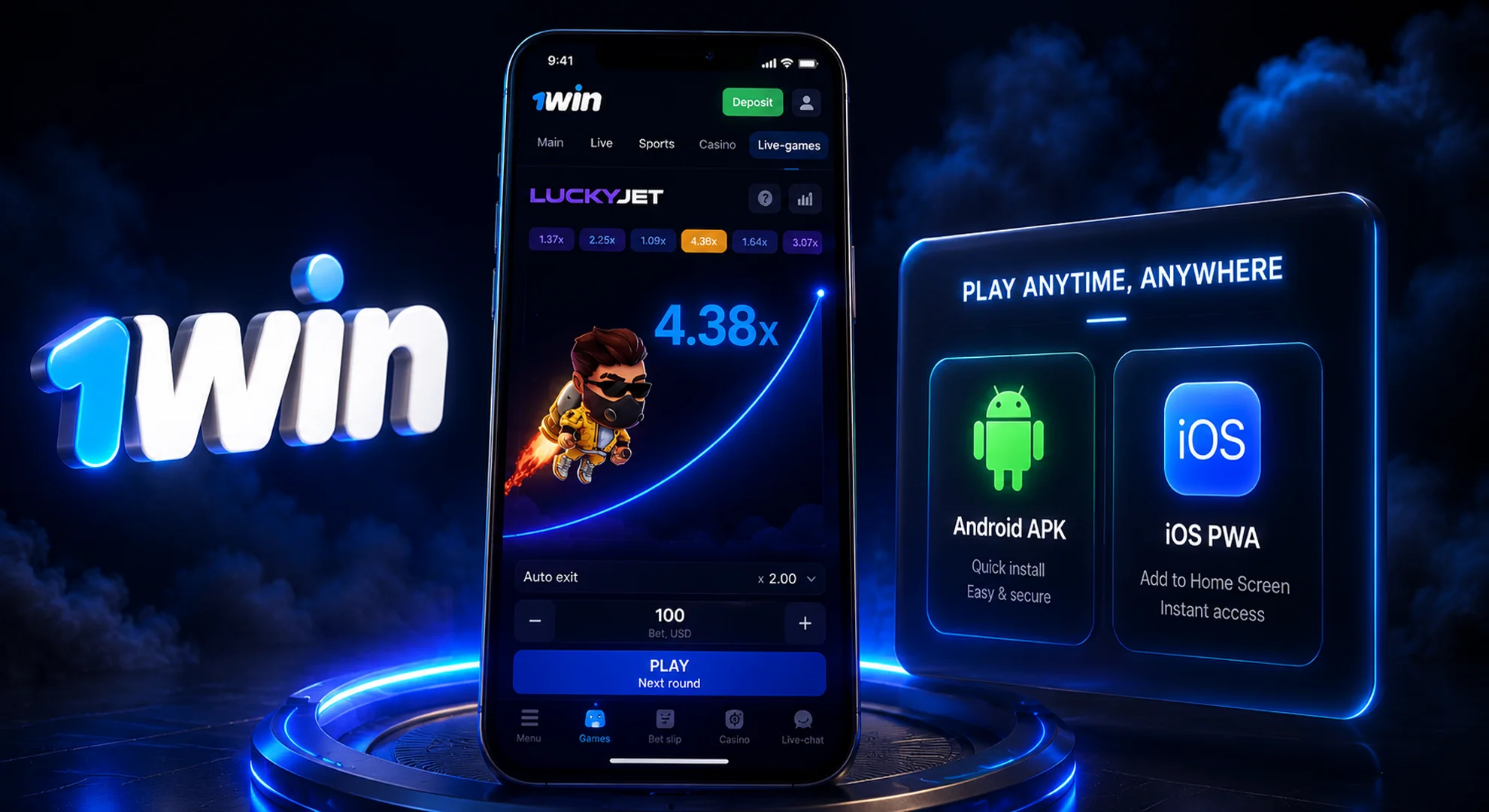 1win official mobile app download interface for Lucky Jet game on Android and iOS 2026