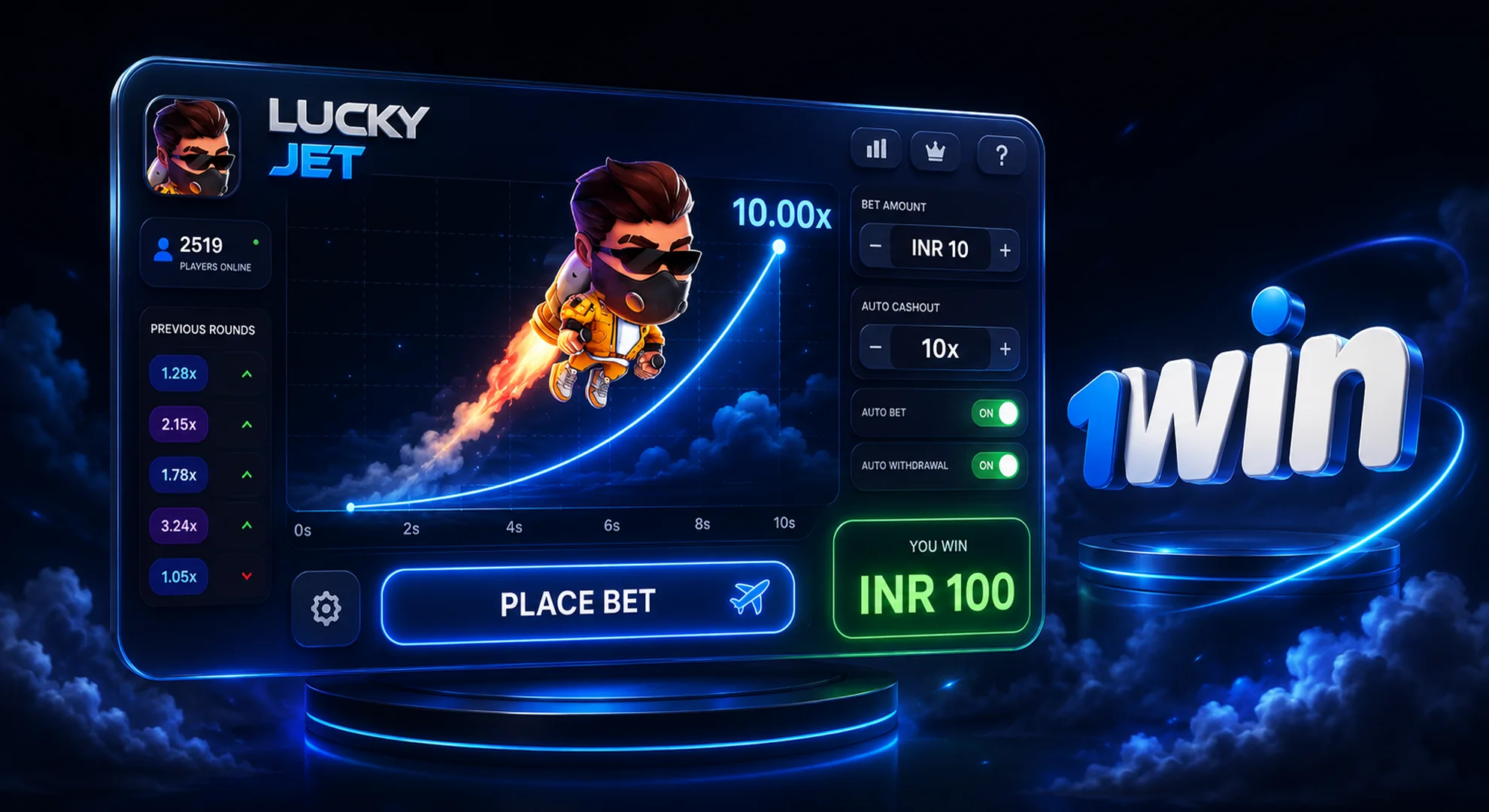 1win official Lucky Jet crash game interface with INR bet multiplier and auto withdrawal settings 2026