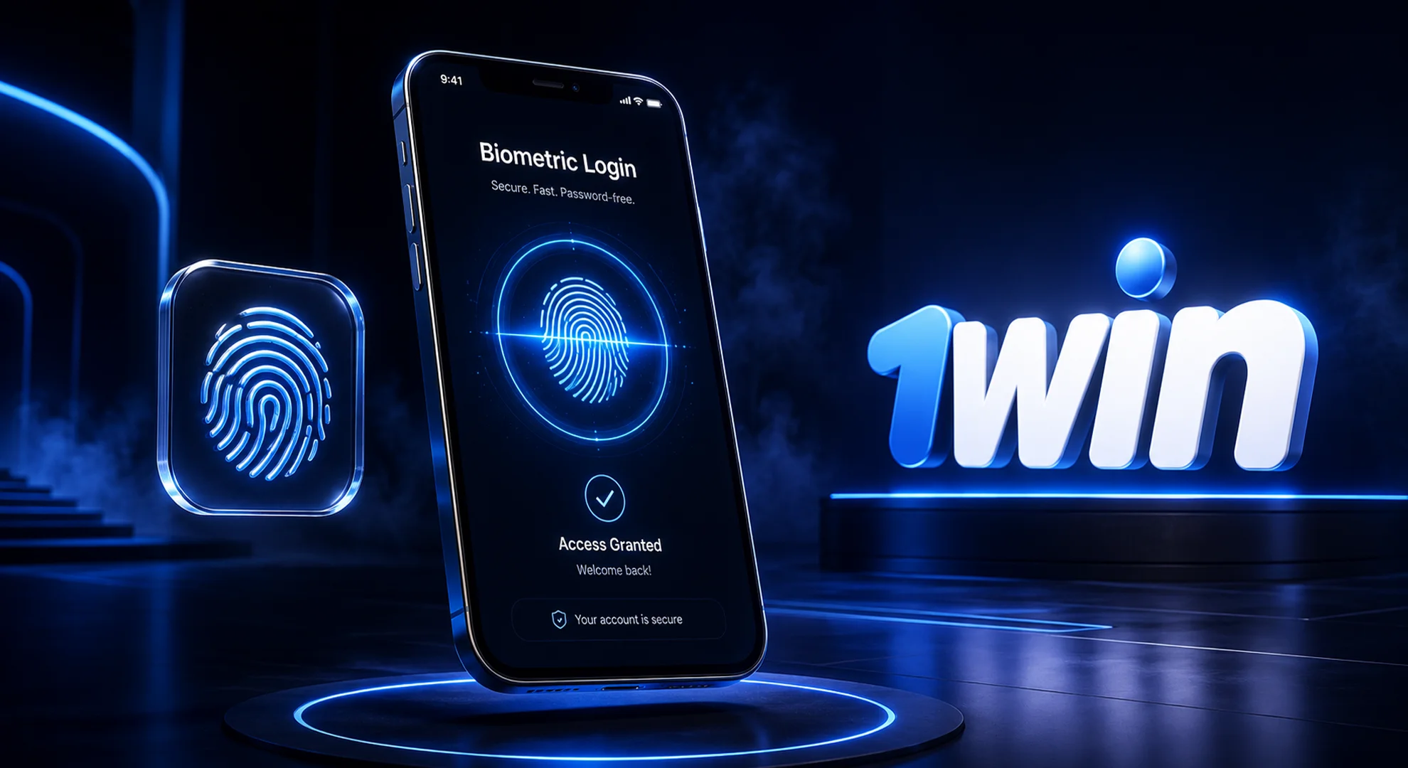 1win official app biometric login interface with FaceID and fingerprint security 2026