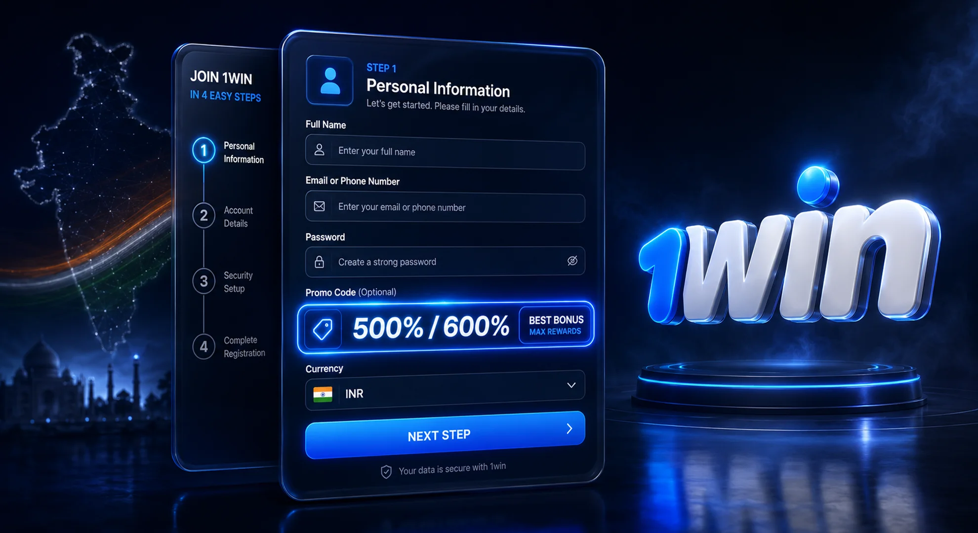 1win India official step-by-step registration guide with INR currency and welcome bonus activation 2026