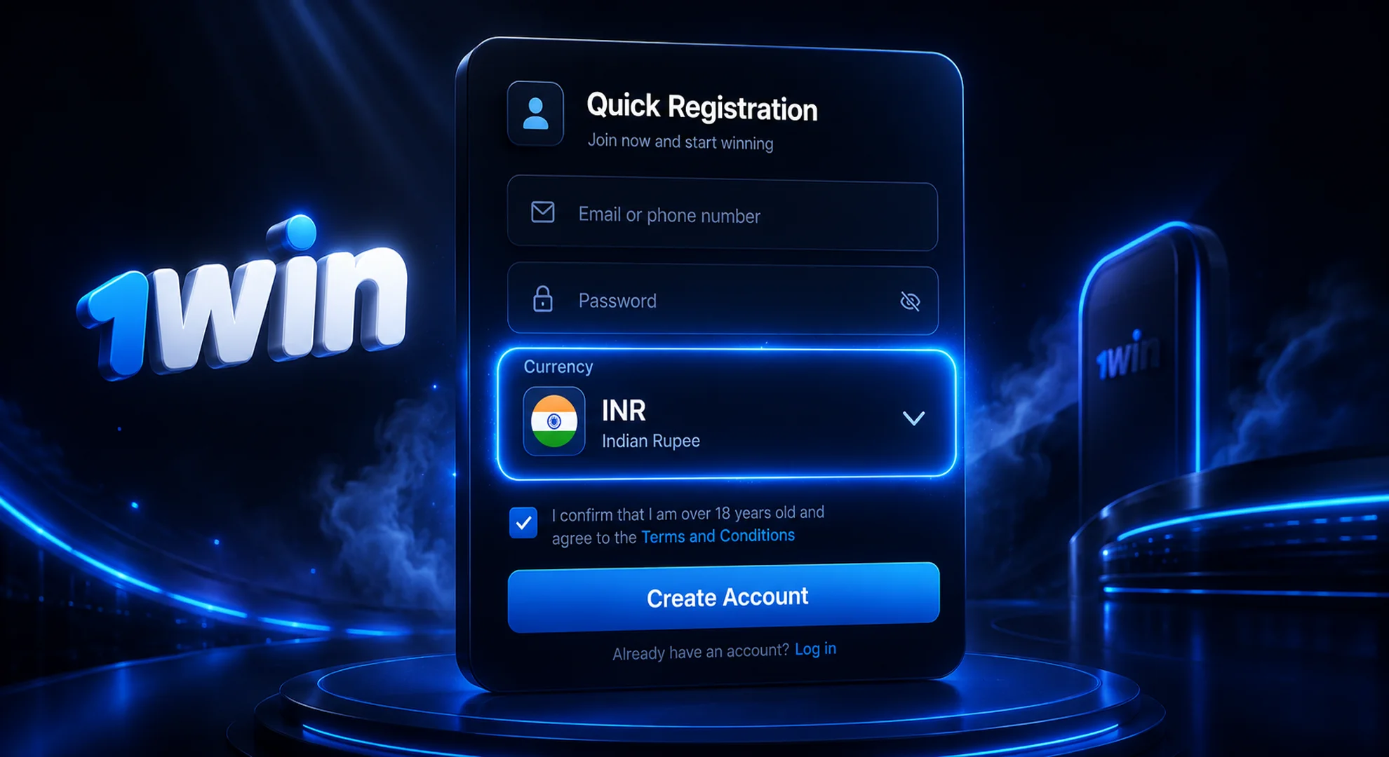 1win official quick registration form with phone email fields and INR currency selection 2026