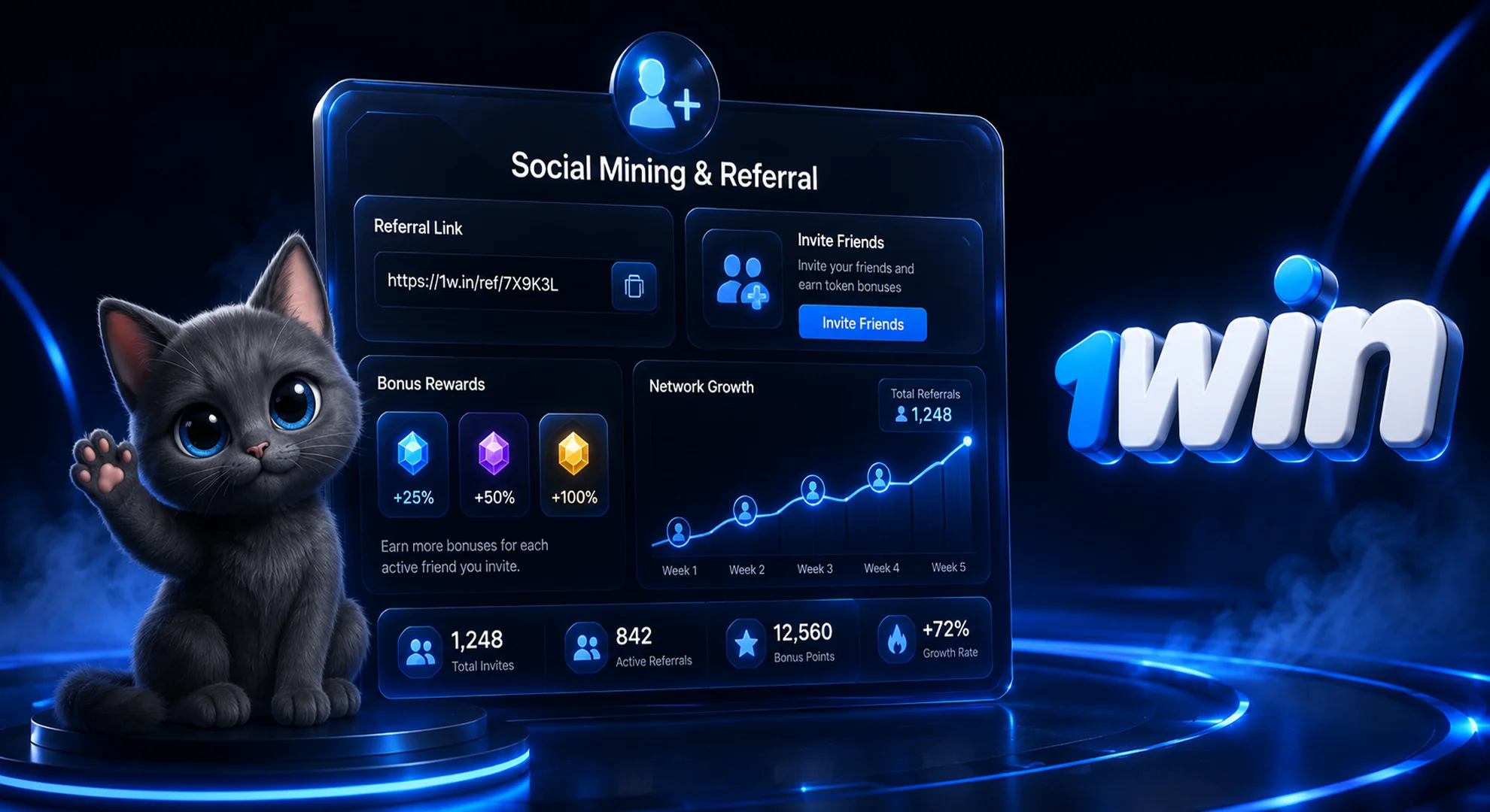 1win official social mining and invite friends referral interface