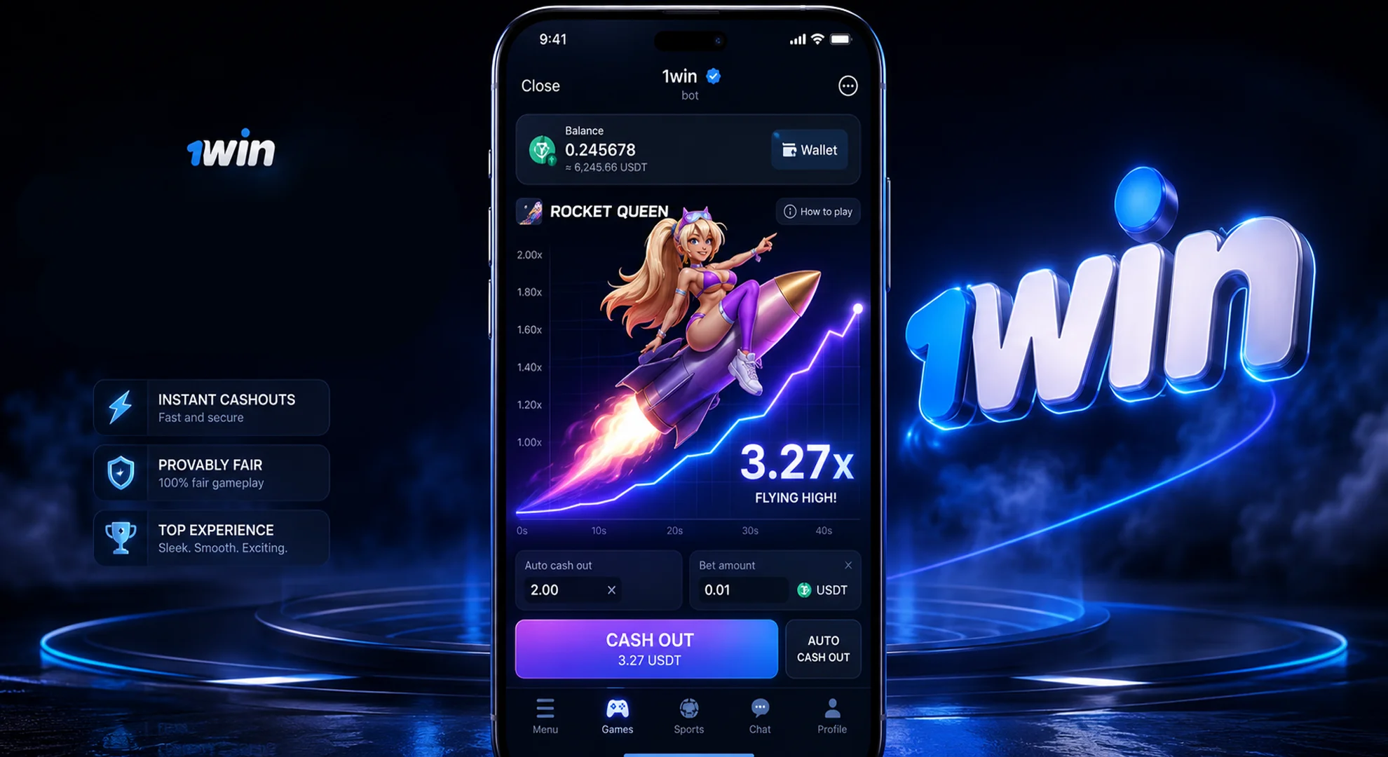 1win official Telegram bot interface showing Rocket Queen crash game with rising multiplier