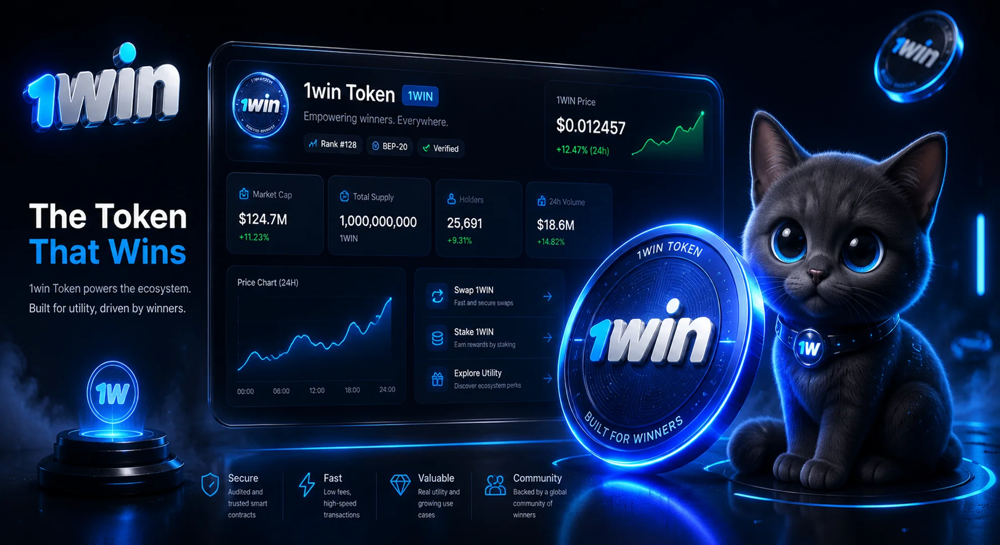 The official interface for the 1win crypto token and a blockchain app with clicker features