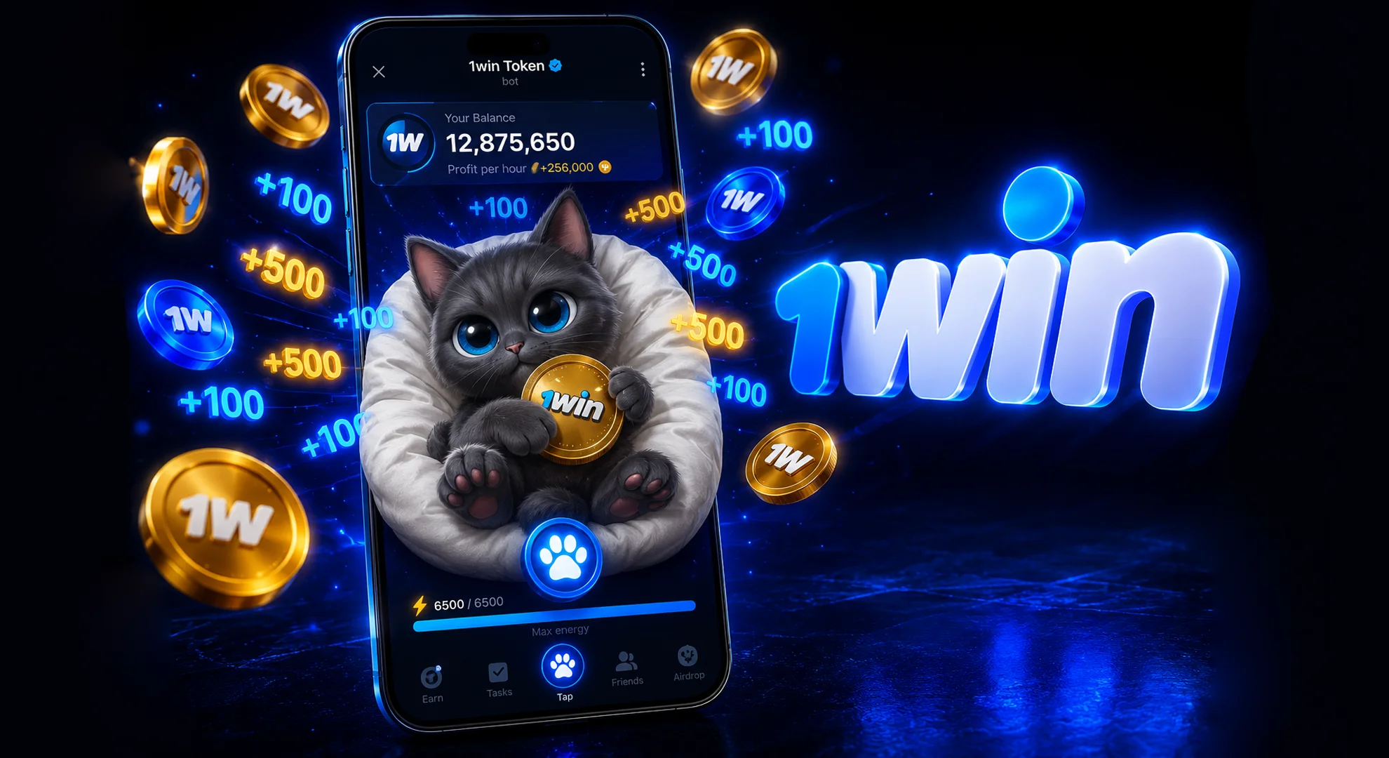 1win official tap-to-earn crypto clicker game interface featuring mascot cat inside token bot